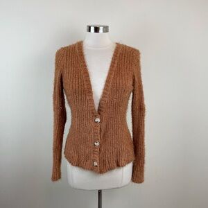 Sadie & Sage Brown Fuzzy Button Front Knit Cardigan Sweater Women Boho Large